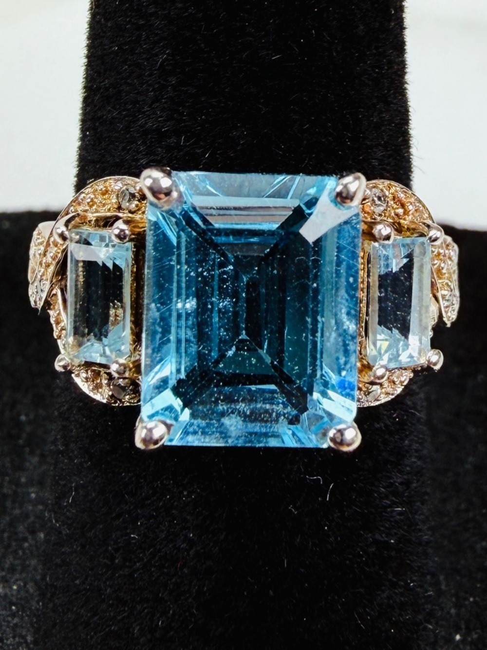 Vintage Blue Topaz Emerald Cut Statement Ring Size 6 Silver Tone